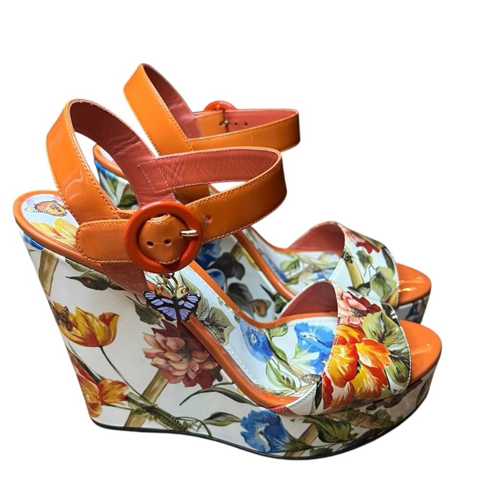 Dolce & Gabbana BIANCA Patent Leather Floral Butterfly Wedge Sandals EU 40 US 10